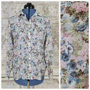 Vintage Y2K Floral Fitted Blouse Top M Cottagecore Long Sleeve Lightweight